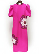 Luxury Puff-Sleeve Sequin Embellished Midi Dress